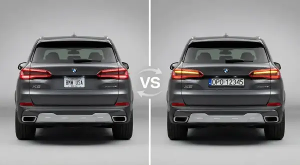 Dwa BMW X5, jedno z tablicą "BMW USA", drugie z polską. Czy BMW jest drogie w utrzymaniu? Porównanie modeli.