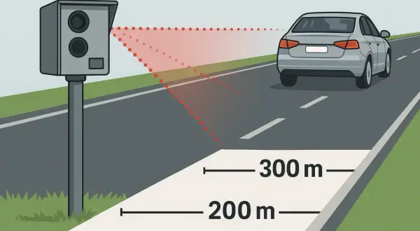 Fotoradar mierzy prędkość z odległości 200-300 metrów. Czerwone punkty pokazują zasięg działania urządzenia.