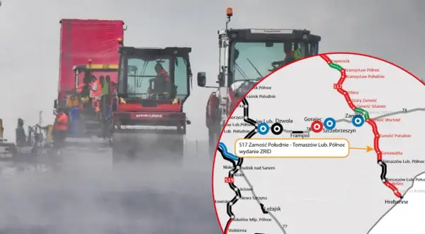 Budowa drogi ekspresowej S17 w deszczu. Maszyny drogowe pracują, a na mapie zaznaczono odcinek S17 Zamość Południe - Tomaszów Lub. Północ.