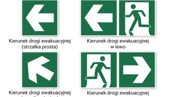 Test ze znaków drogowych: zielone tablice z białymi strzałkami wskazującymi kierunek ewakuacji w lewo, w prawo, prosto i po skosie.