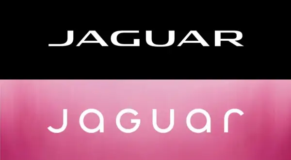 Dwa nowe loga samochodów Jaguar. Klasyczne białe litery na czarnym tle i nowoczesne, zaokrąglone na różowym tle.