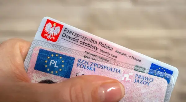 Dłoń trzyma polski dowód osobisty i prawo jazdy. Czy prawo jazdy bezterminowe trzeba wymienić? Sprawdź przepisy!