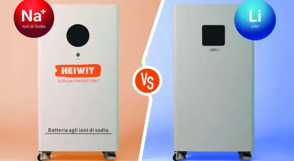 Porównanie: akumulator sodowo jonowy HEIWIT vs. bateria litowa. Dwa pionowe urządzenia, jedno z symbolem Na+, drugie z Li.