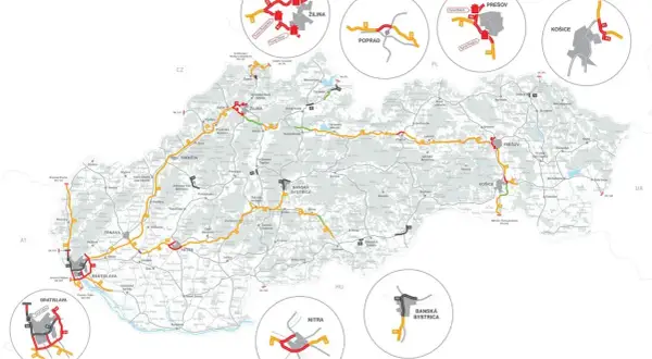Mapa Słowacji z zaznaczonymi drogami. Czy autostrada A4 jest płatna? Na mapie widać drogi krajowe i autostrady, niektóre oznaczone jako płatne.