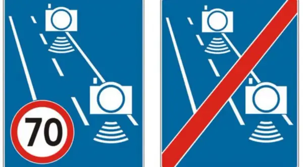 Znaki drogowe informujące o odcinkowym pomiarze prędkości. Lewy znak: ograniczenie do 70 km/h i kamery. Prawy znak: koniec odcinkowego pomiaru prędkości.