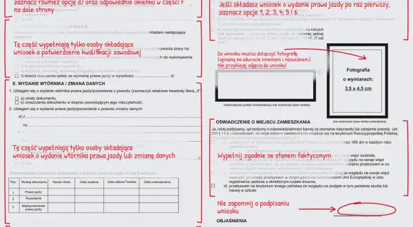 Wniosek o wydanie prawa jazdy w Polsce. Formularz zawiera sekcje dotyczące składania wniosku, potwierdzenia kwalifikacji, wydania wtórnika, zmiany danych oraz oświadczenia.
