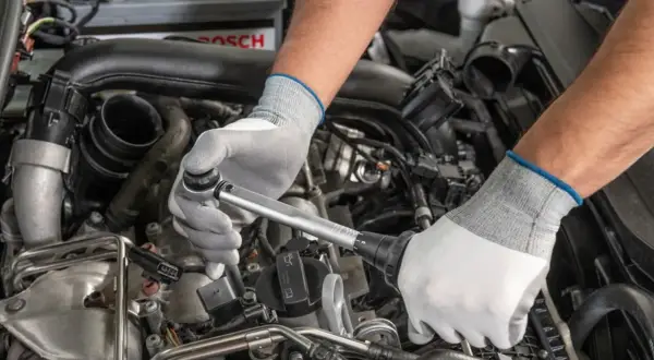 Mechanik w białych rękawiczkach dokonuje precyzyjnej wymiany świec w silniku samochodu, używając klucza dynamometrycznego.
