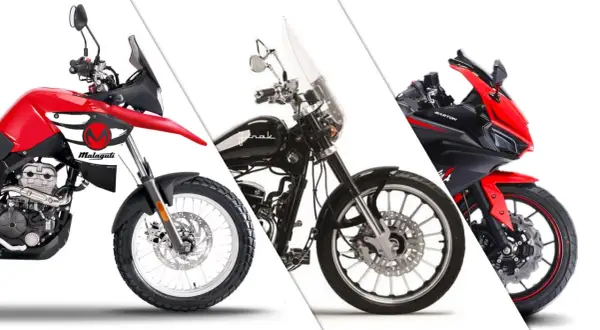 Trzy motocykle: czerwony Malaguti, czarny chopper i czerwono-czarny sportowy Barton. Idealne do jazda 125 na b bez 3 lat.