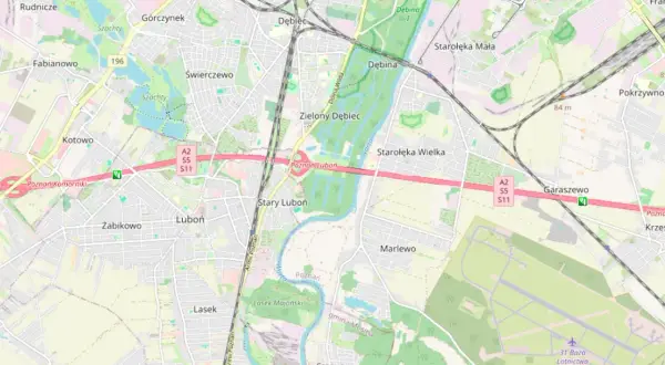 Mapa okolic Poznania z zaznaczoną autostradą A2, gdzie znajduje się **odcinkowy pomiar prędkości A2**. Widoczne miejscowości: Luboń, Dębiec, Garaszewo.