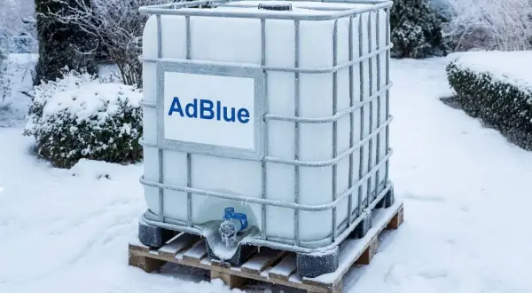 Duży zbiornik z AdBlue stoi na palecie w śniegu. Widać, że płyn w kraniku zamarzł, co sugeruje, czy AdBlue zamarza w niskich temperaturach.