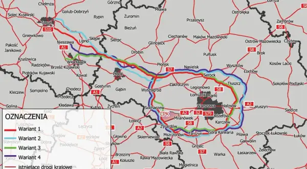 Mapa dróg krajowych i autostrad, w tym autostradowa obwodnica Warszawy, z zaznaczonymi wariantami przebiegu.