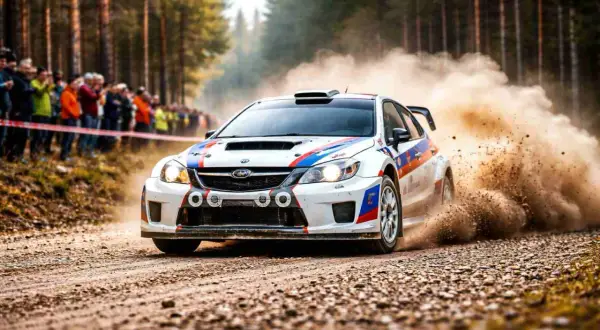 KJS co to? Rajdówka Subaru Impreza mknie po szutrowej drodze, wzbijając tumany kurzu. Widzowie obserwują zmagania na leśnym odcinku.