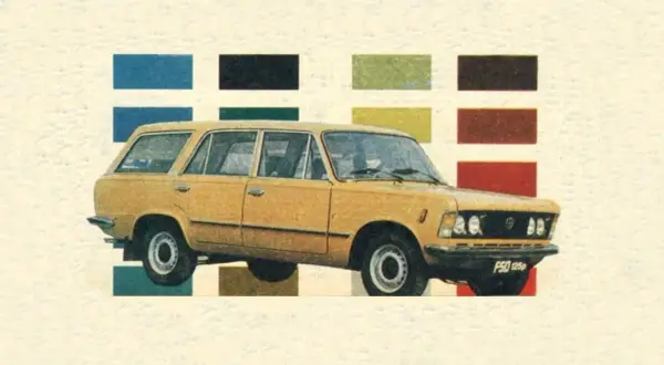Żółty Fiat 125p kombi na tle palety barw: niebieski, czarny, zielony, brązowy, żółty, rudy, czerwony.