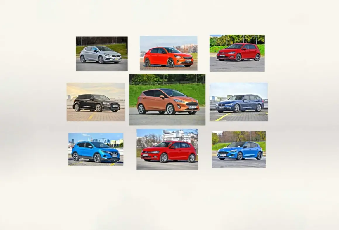 Kompilacja aut, które uchodzą za najmniej awaryjne: srebrny Opel, pomarańczowy Ford, czerwony VW, czarny Audi, niebieski BMW, niebieski Nissan, czerwony VW, niebieski Ford.