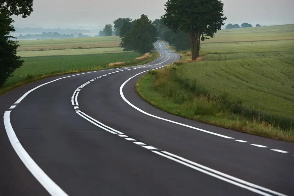 Zakręt drogi z podwójną ciągłą linią, gdzie wyprzedzanie jest zabronione. Pola i drzewa w tle.