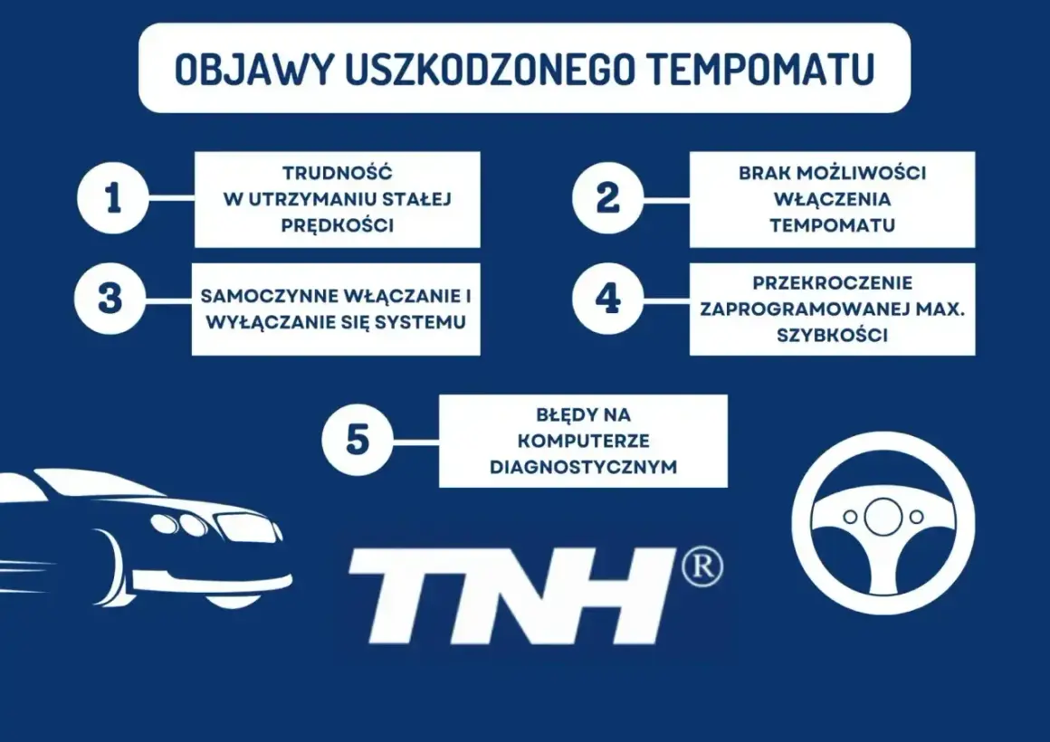 Objawy uszkodzonego tempomatu: trudność w utrzymaniu stałej prędkości, samoczynne włączanie/wyłączanie, brak możliwości włączenia, przekroczenie max. prędkości, błędy diagnostyczne.