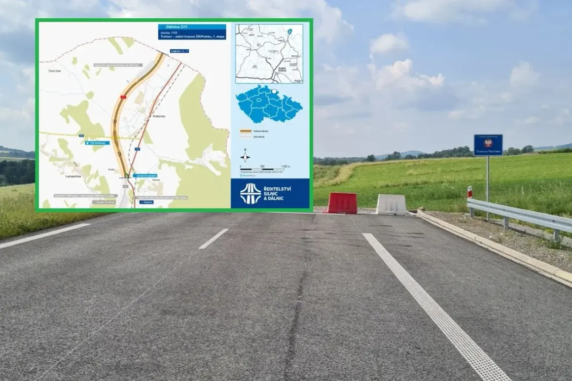 Mapa postępu budowy drogi S3 (Dálnice D11) na odcinku do granicy z Polską. Najnowsze informacje o inwestycji.