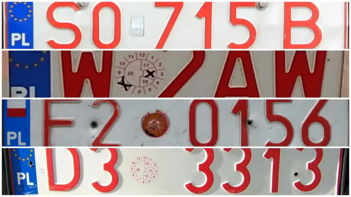 Czerwone tablice rejestracyjne z białymi literami: SO 715 B, WZAW, F2 0156, D3 3313.