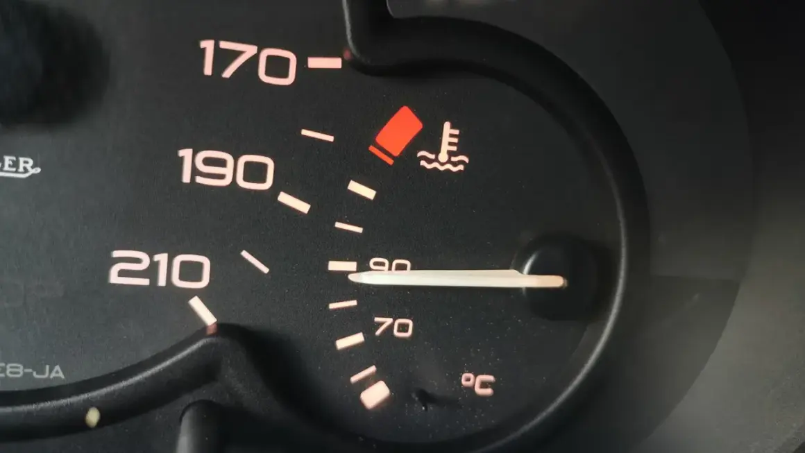 Czerwona kontrolka temperatury oleju świeci się, wskazując na przegrzewanie silnika. Wskaźnik pokazuje ponad 90°C.