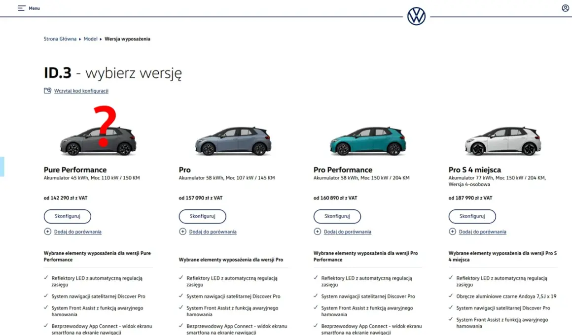 Porównanie wersji Volkswagena ID.3: Pure, Pro, Pro Performance, Pro S 4 miejsca. Zastanawiasz się, dlaczego nie warto kupować nowego samochodu? Sprawdź ceny i wyposażenie.