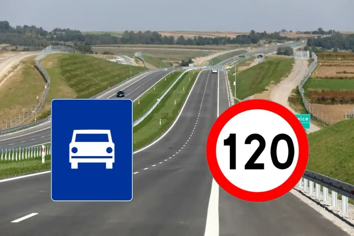 Droga ekspresowa z ograniczeniem prędkości do 120 km/h. Znak informuje, ile można jechać na drodze ekspresowej.