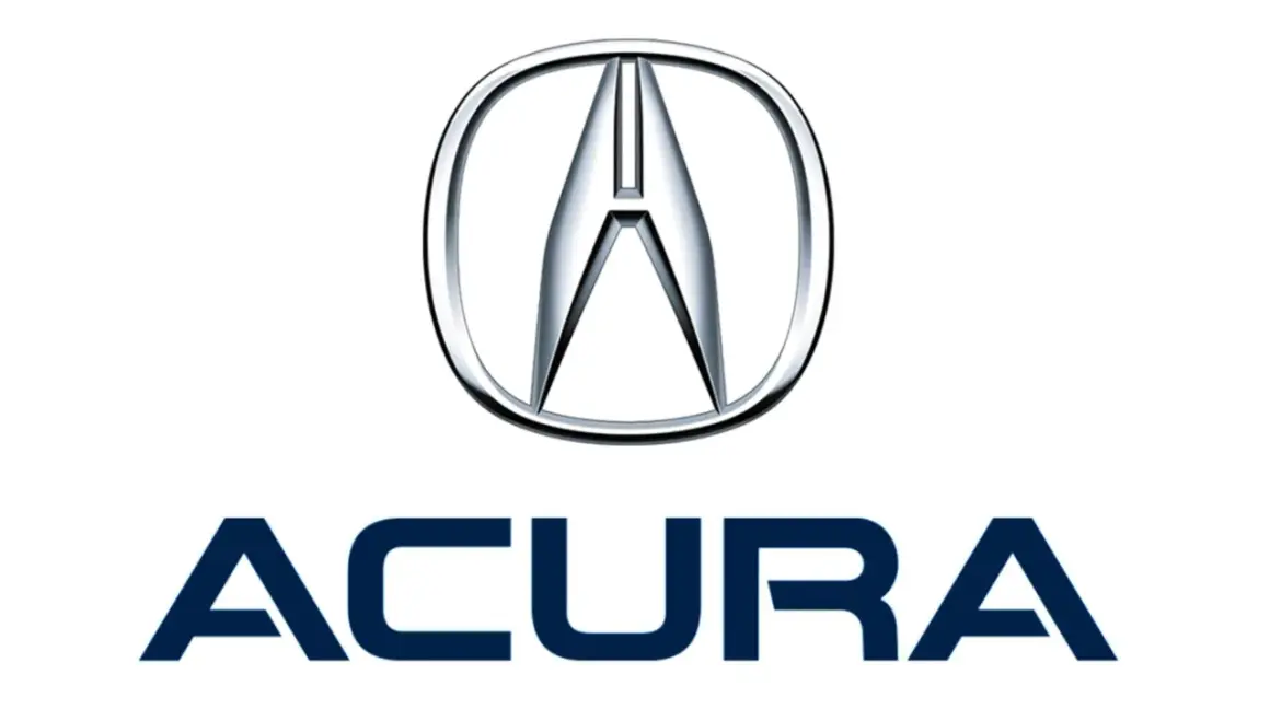 Logo i nazwa marki samochodów Acura. Srebrne logo z literą "A" w okręgu, pod nim granatowy napis "ACURA".
