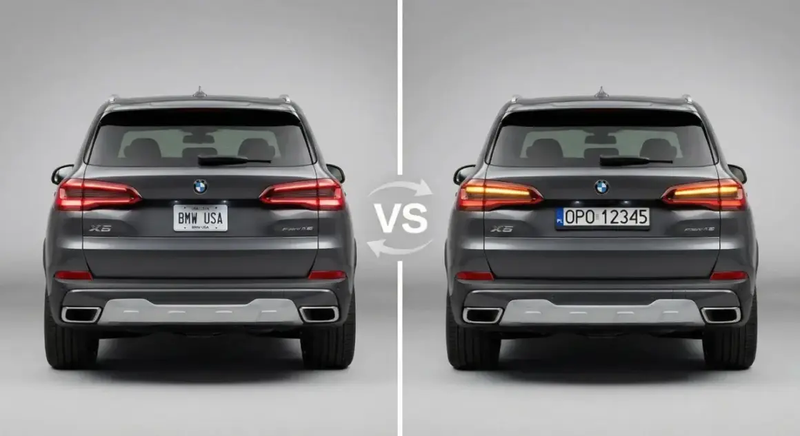 Dwa BMW X5, jedno z tablicą "BMW USA", drugie z polską. Czy BMW jest drogie w utrzymaniu? Porównanie modeli.