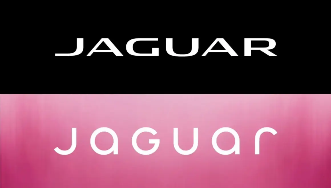 Dwa nowe loga samochodów Jaguar. Klasyczne białe litery na czarnym tle i nowoczesne, zaokrąglone na różowym tle.