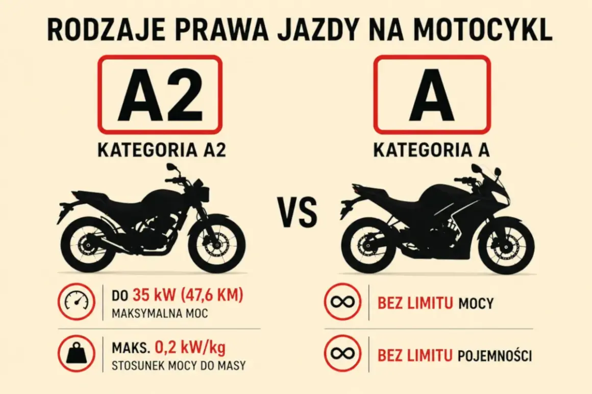 Porównanie kategorii A i A2 prawa jazdy na motor. Kategoria A2 ma ograniczenia mocy i stosunku mocy do masy, A nie ma limitów.