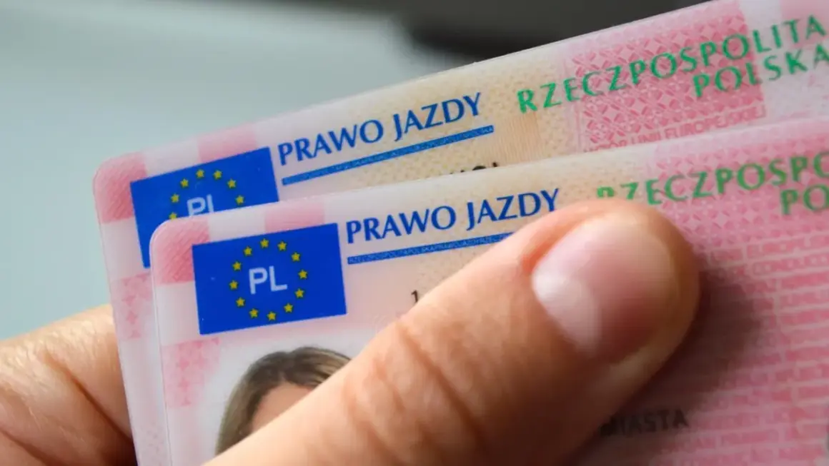Dłoń trzyma dwa nowe polskie prawo jazdy. Widoczne napisy "PRAWO JAZDY" i godło UE.