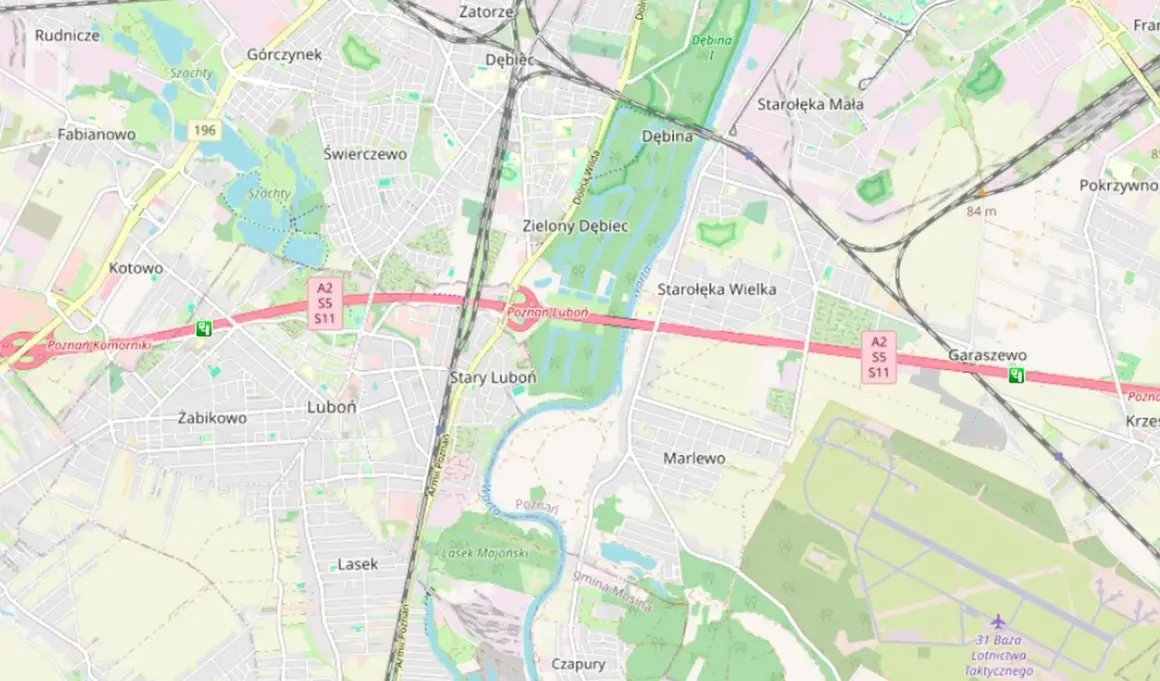 Mapa okolic Poznania z zaznaczoną autostradą A2, gdzie znajduje się **odcinkowy pomiar prędkości A2**. Widoczne miejscowości: Luboń, Dębiec, Garaszewo.