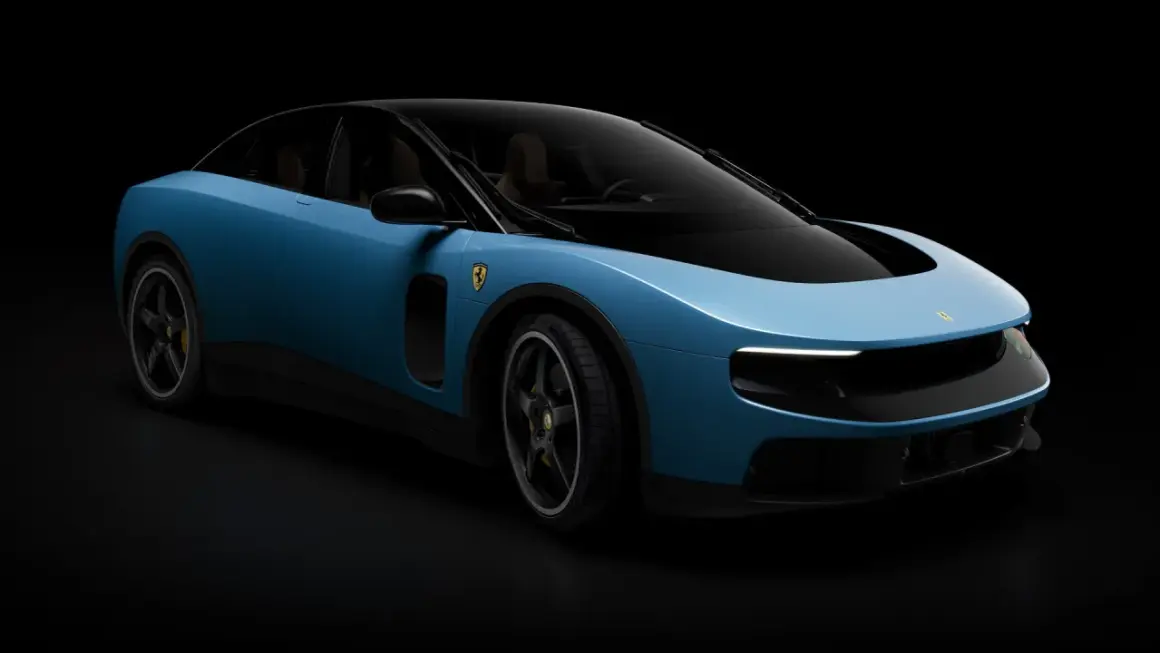 Niebieski Ferrari Purosangue, z czarnym dachem i brązowym wnętrzem, prezentuje się jako "ferrari luce" na ciemnym tle.