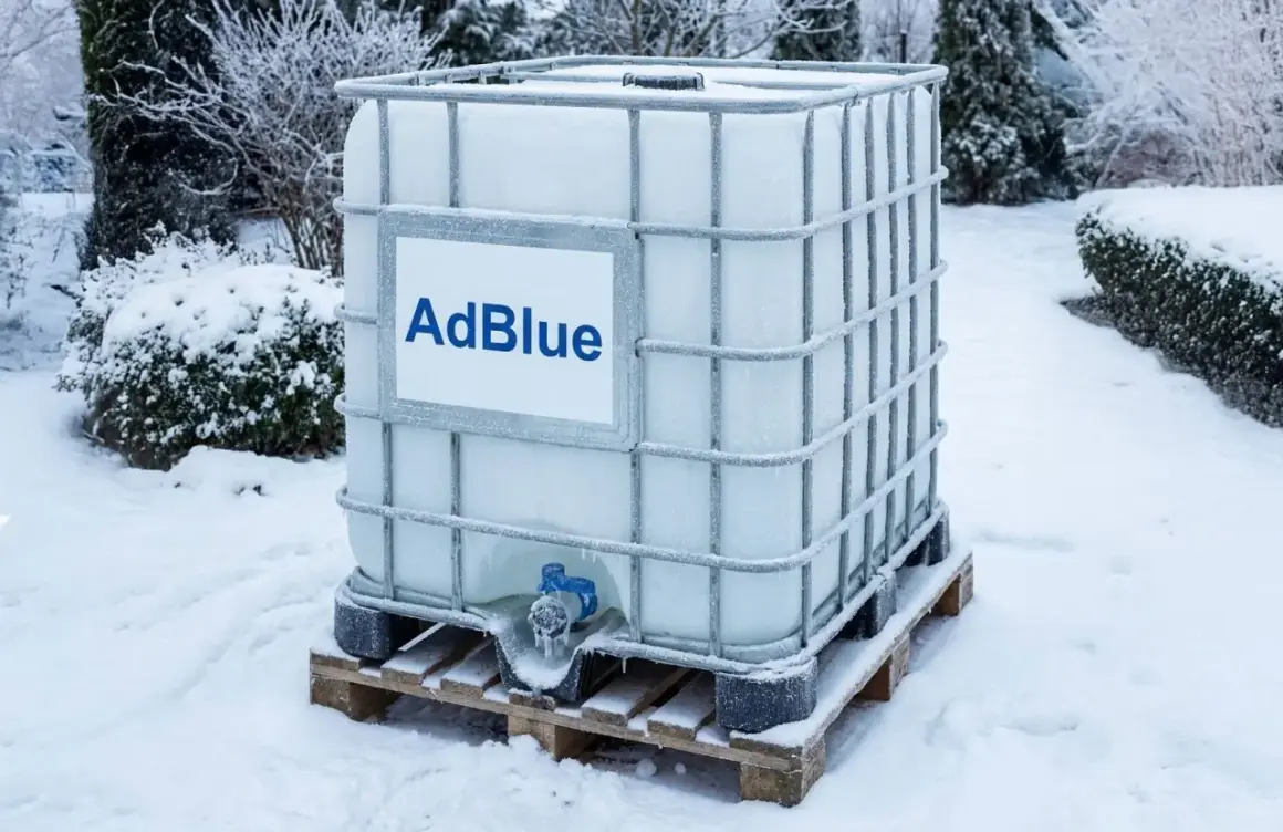 Duży zbiornik z AdBlue stoi na palecie w śniegu. Widać, że płyn w kraniku zamarzł, co sugeruje, czy AdBlue zamarza w niskich temperaturach.