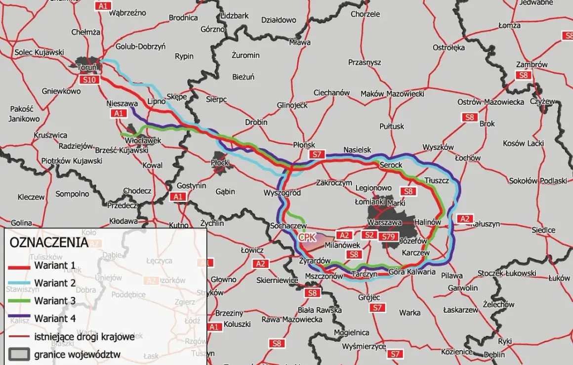 Mapa dróg krajowych i autostrad, w tym autostradowa obwodnica Warszawy, z zaznaczonymi wariantami przebiegu.