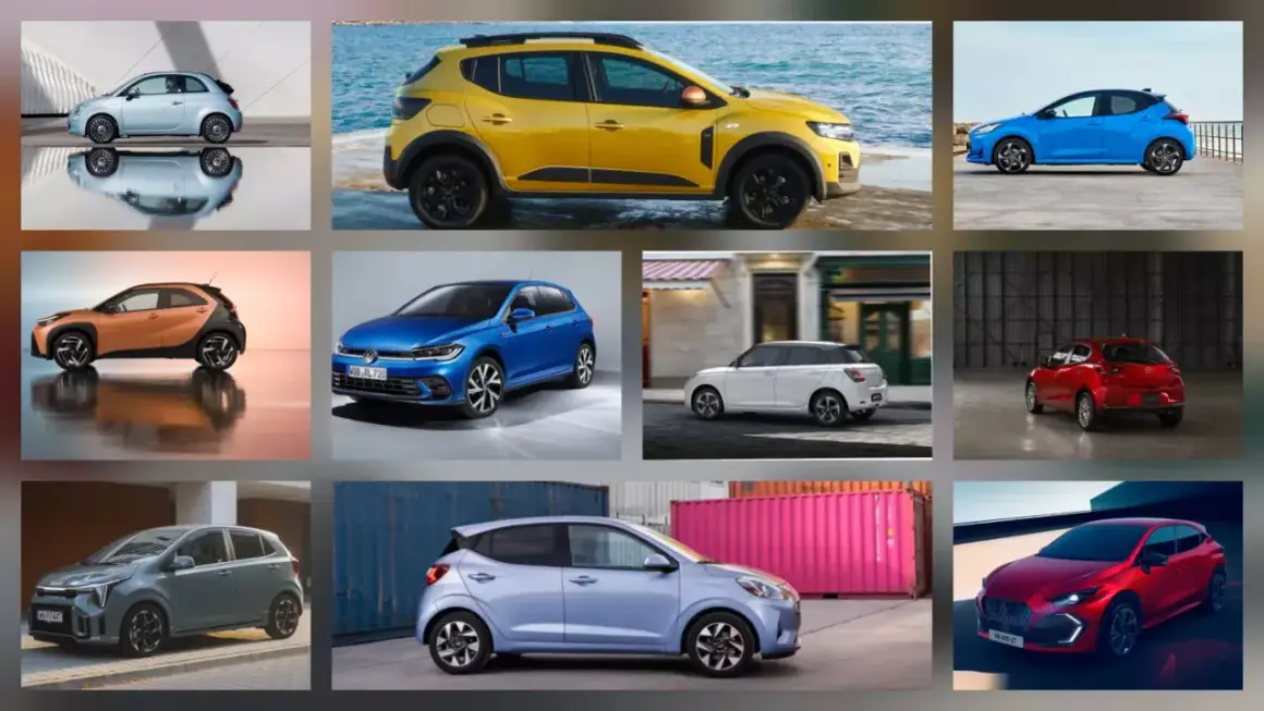 Kompaktowe auta miejskie: Fiat 500, Dacia Sandero, Toyota Yaris, Toyota Aygo X, VW Polo, Suzuki Ignis, Kia Picanto, Hyundai i10, Mazda 2, oraz czerwony sportowy model.
