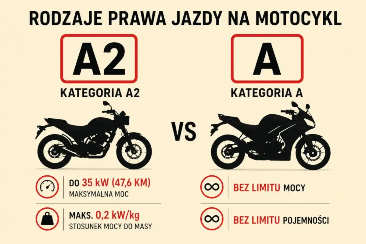 Porównanie kategorii A i A2 prawa jazdy na motor. Kategoria A2 ma ograniczenia mocy i stosunku mocy do masy, A nie ma limitów.