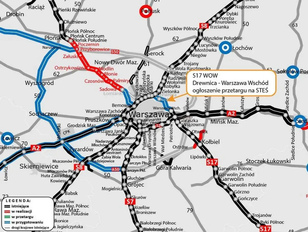 Mapa drogowa z zaznaczoną trasą S17, wschodnia obwodnica Warszawy, z informacją o przetargu na budowę odcinka.
