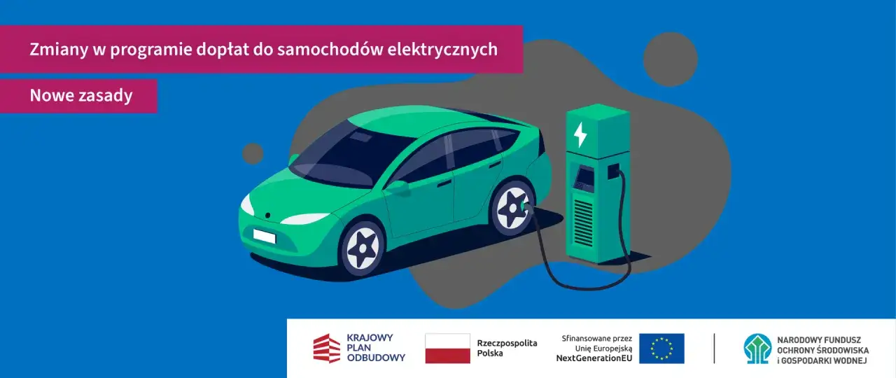 Zielony samoch&oacute;d elektryczny podłączony do ładowarki. Grafika informuje o zmianach w programie dopłat do samochod&oacute;w elektrycznych.