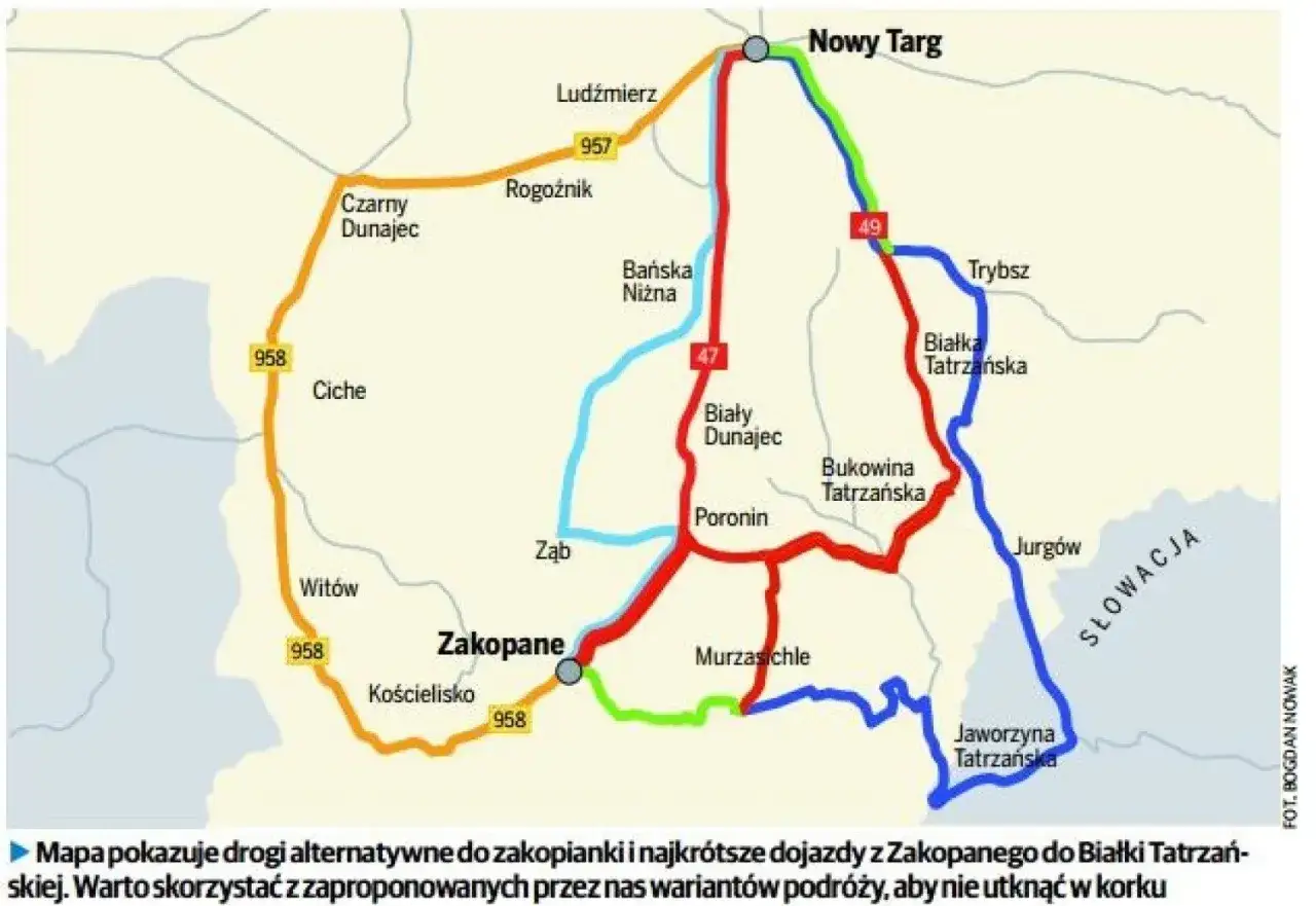 Mapa dróg alternatywnych do Zakopanego i Białki Tatrzańskiej. Unikaj korków, wybierając te trasy, które są alternatywą dla najbardziej zakorkowanych miast w Polsce.