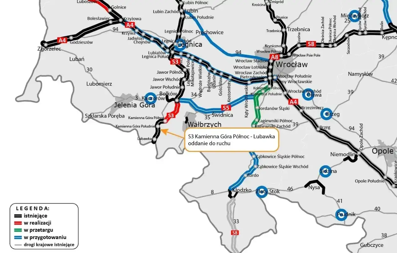 Mapa drogowa S3 - najnowsze informacje o odcinku Kamienna Góra Północ - Lubawka oddanym do ruchu.