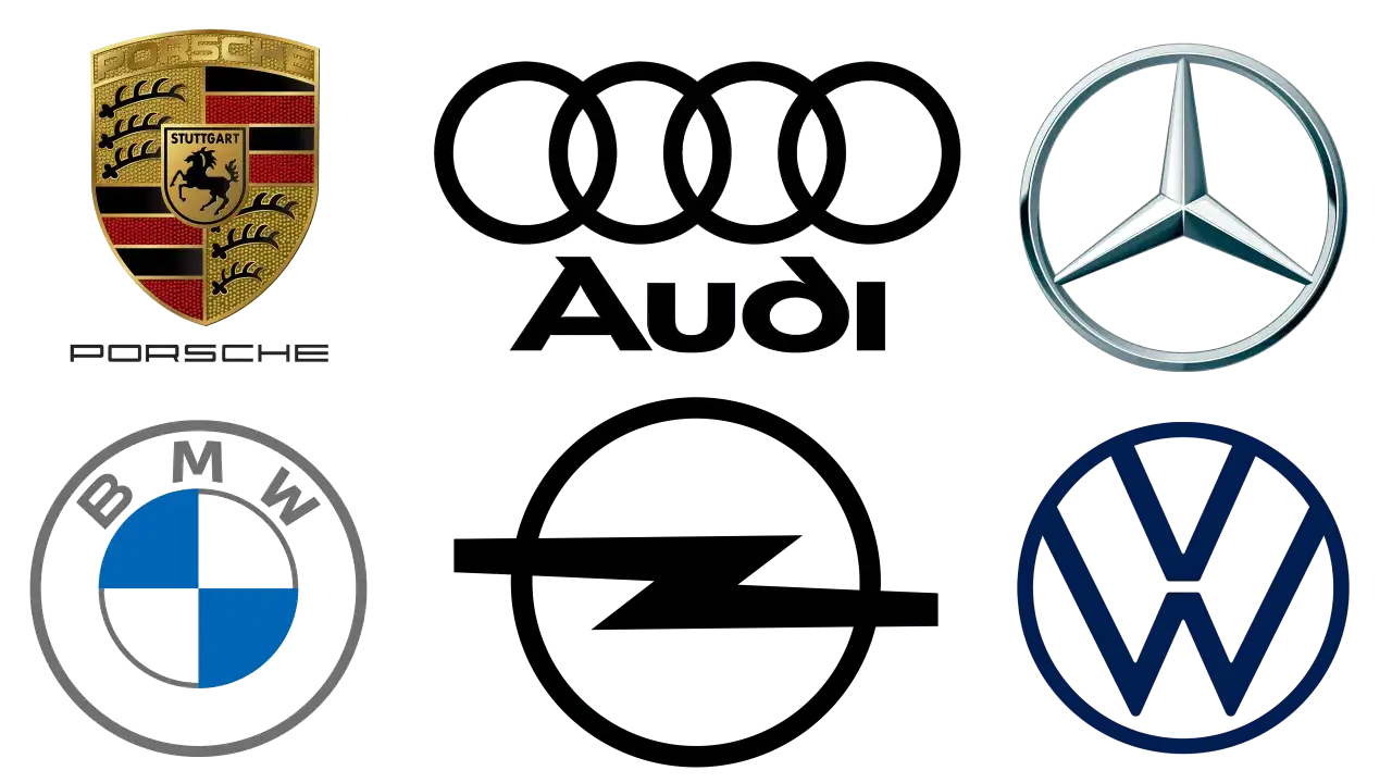 Loga Porsche, Audi, Mercedes-Benz, BMW, Opel i Volkswagen – ikony europejskie marki samochodów.