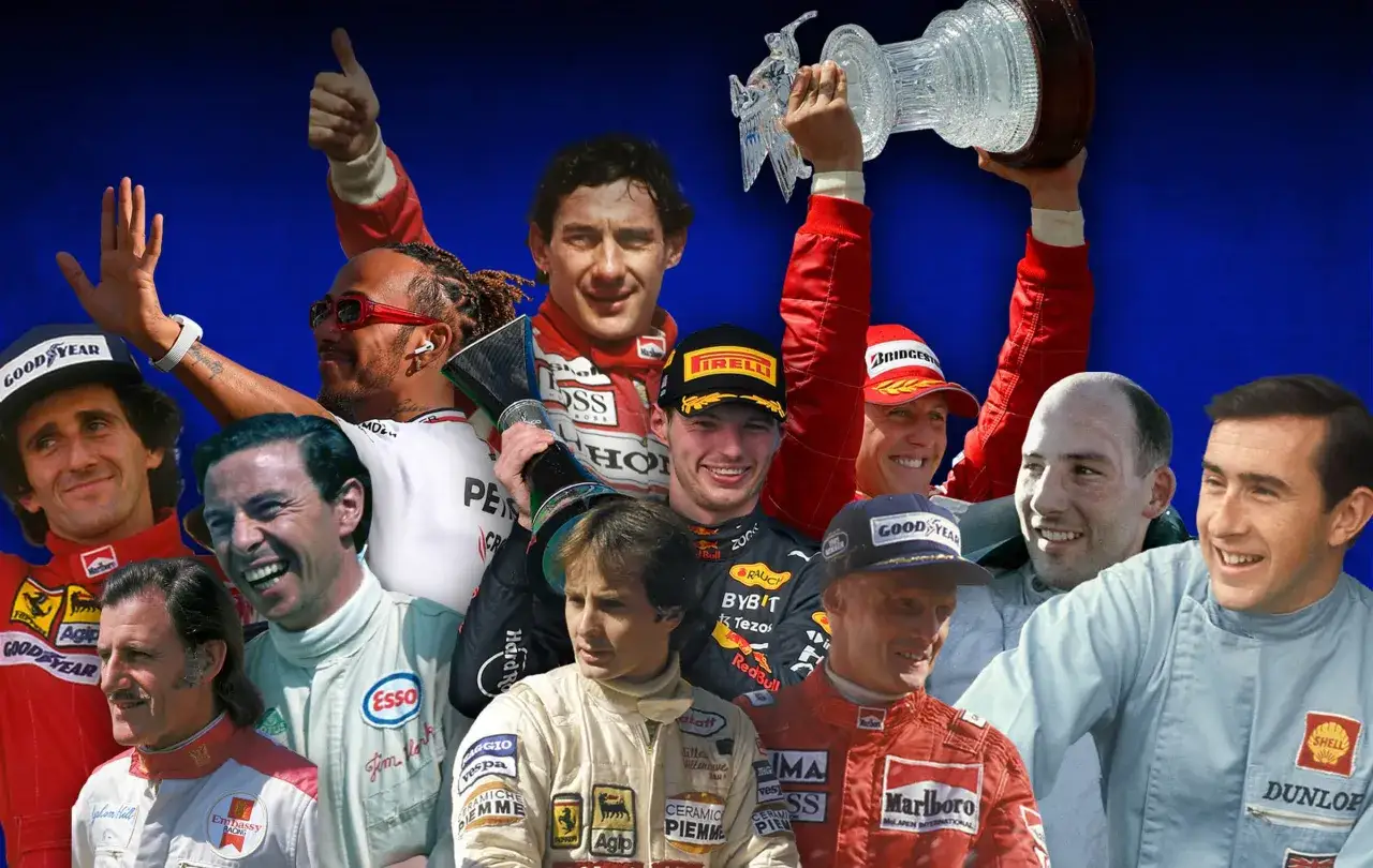 Kolaż legend F1: Ayrton Senna, Lewis Hamilton, Max Verstappen i inni najlepsi kierowcy F1, świętujący zwycięstwa.