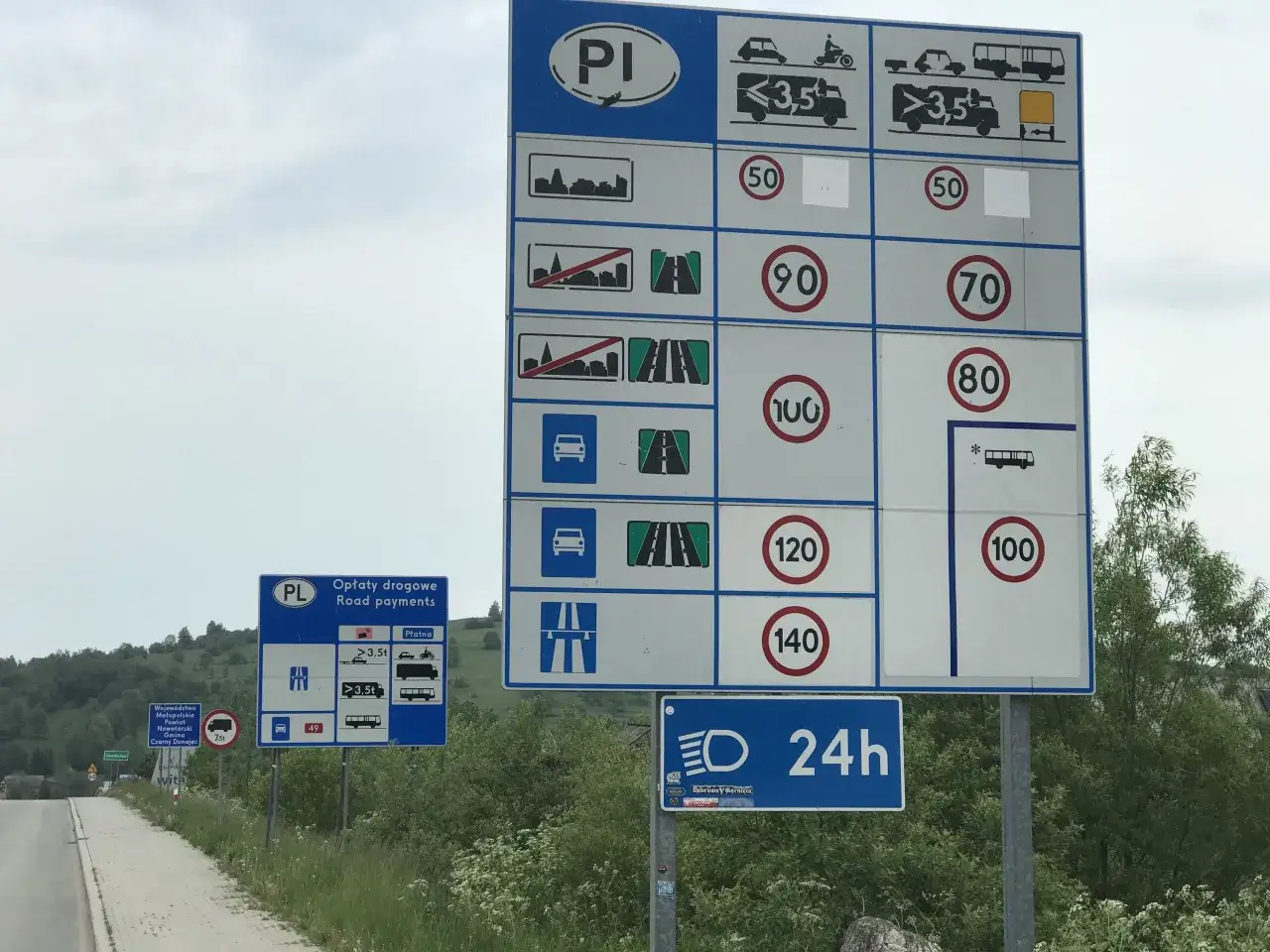 Znaki informują, ile można jechać na drodze ekspresowej: 140 km/h dla samochodów, 100 km/h dla autobusów.