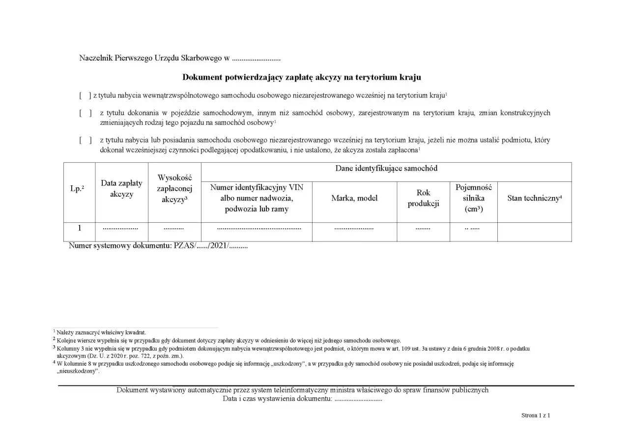 Dokument potwierdzający zapłatę akcyzy na samochód. Tabela zawiera dane identyfikacyjne pojazdu, datę i wysokość zapłaconej akcyzy.