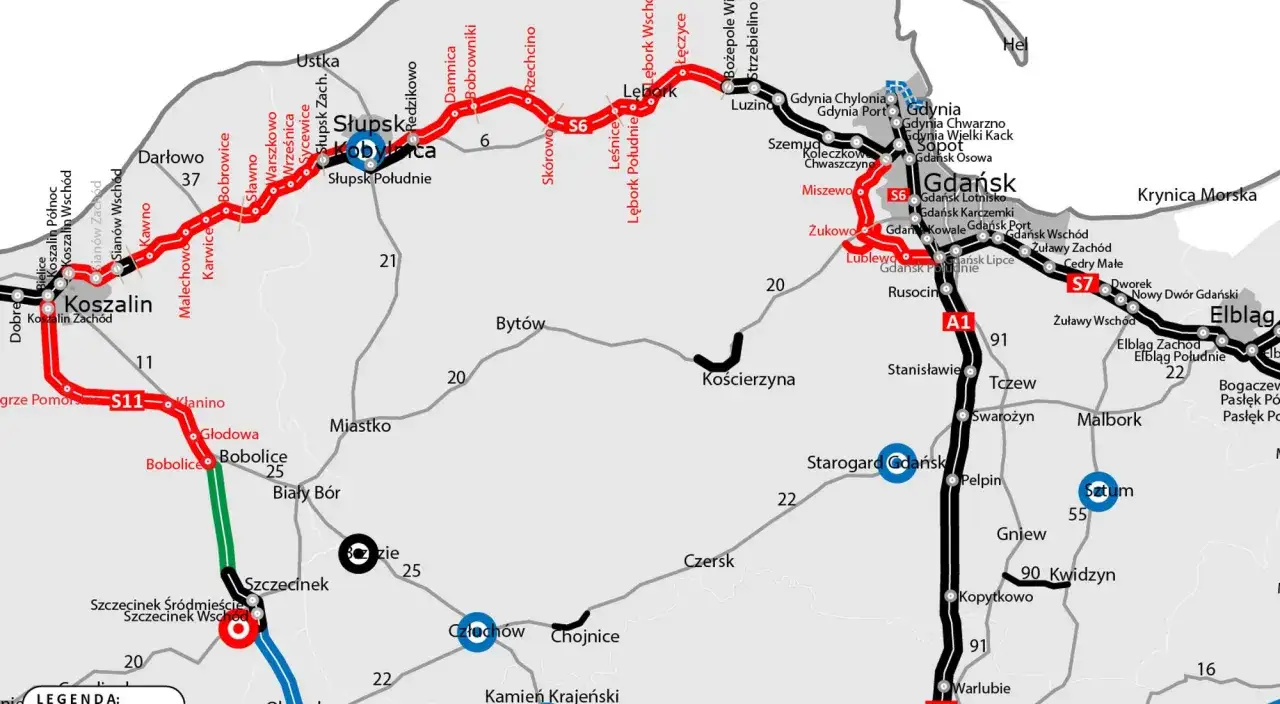 Mapa drogowa Pomorza z zaznaczoną drogą S6, która wkrótce zostanie otwarta. Widoczne miasta: Koszalin, Słupsk, Lębork, Gdańsk, Elbląg.