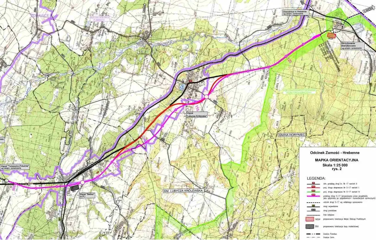 Mapa pokazuje przebieg drogi ekspresowej S17, z zaznaczonymi węzłami i proponowanymi trasami w okolicach Lubyczy Królewskiej.