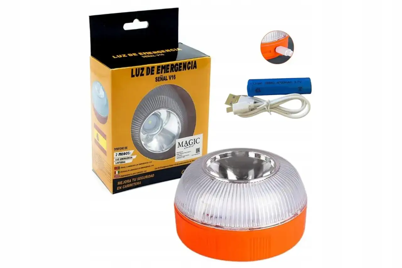 Pomarańczowa lampa v16 od kiedy jest obowiązkowa? Zestaw zawiera lampę, baterię i kabel USB.