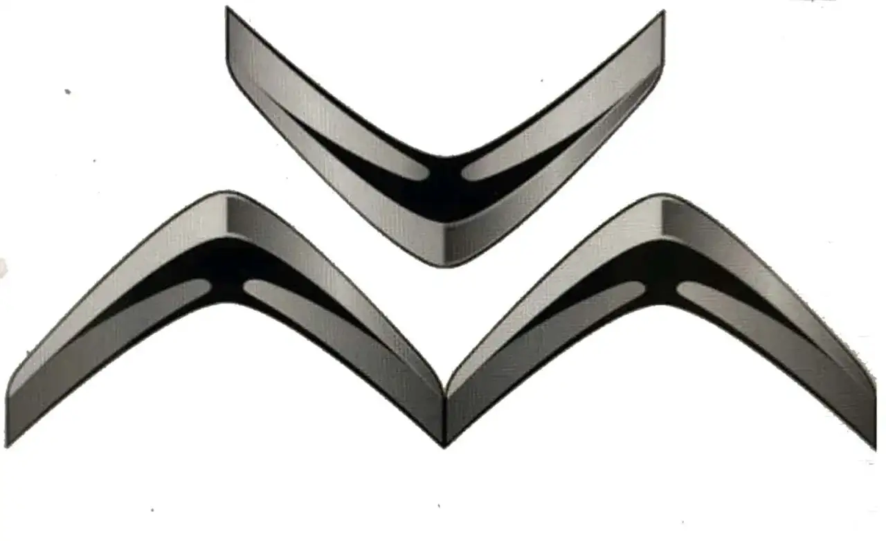 Nowe logo Citroen w kształcie dwóch zachodzących na siebie szewronów, symbolizujące elegancję i nowoczesność marki.