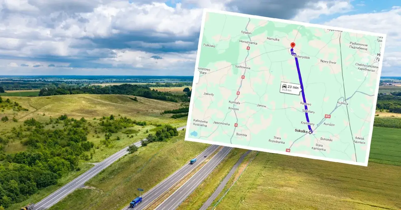 Krajobraz z drogą ekspresową S19, która jest najdłuższa prosta droga w Polsce. Nałożona mapa pokazuje trasę z Różanegostoku do Sokółki.