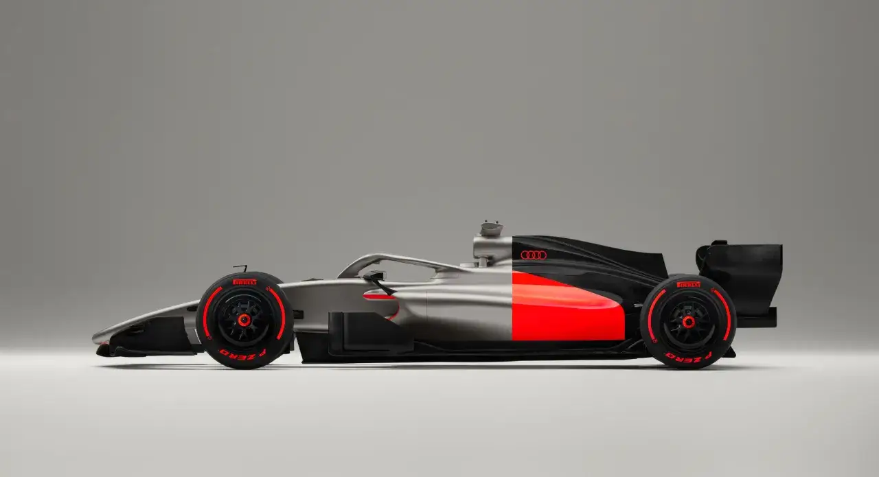 Srebrno-czarny bolid Audi F1 2026 z czerwonymi akcentami, gotowy do wyścigu.